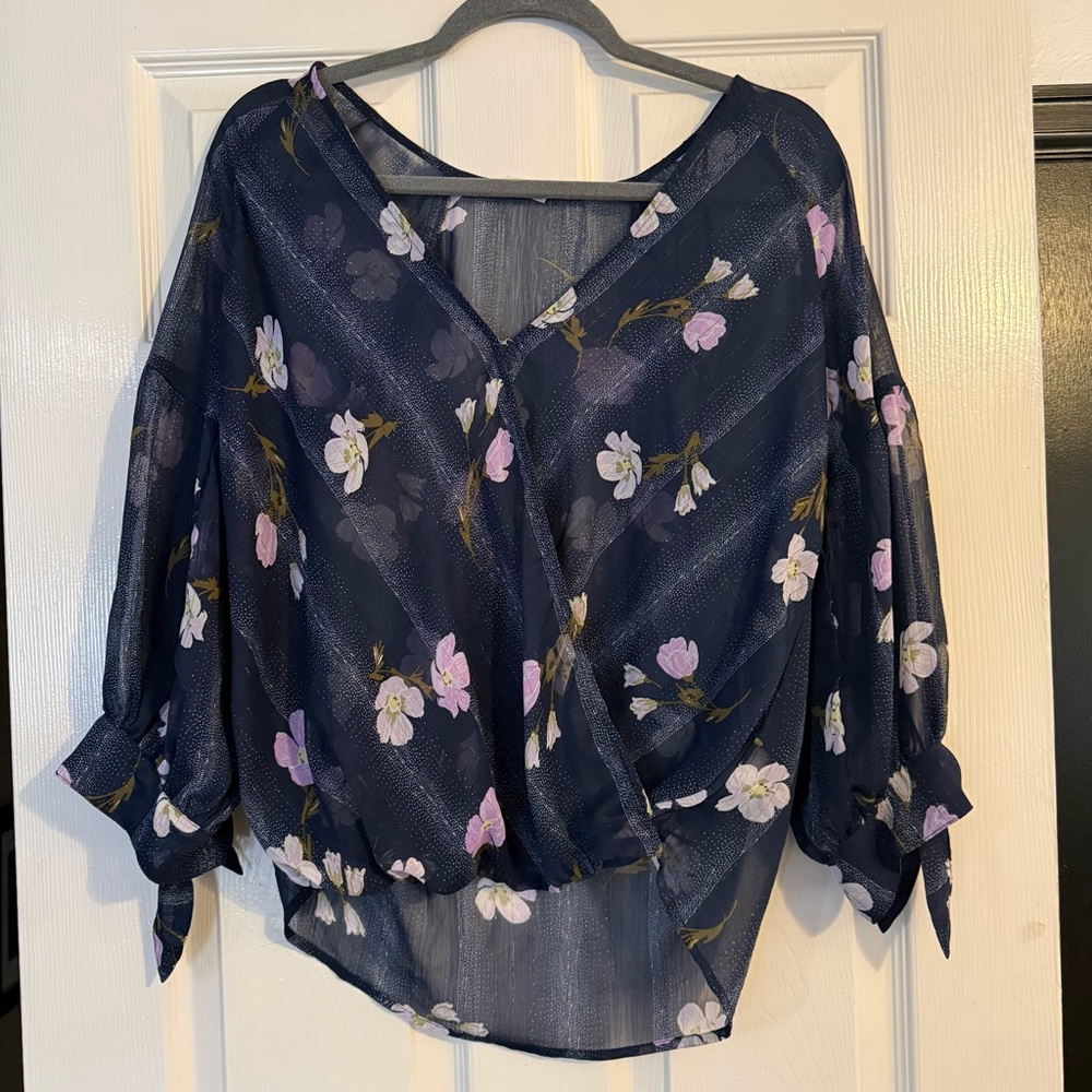 EUC Lovestitch Faux Wrap Floral Navy Sheer Blouse